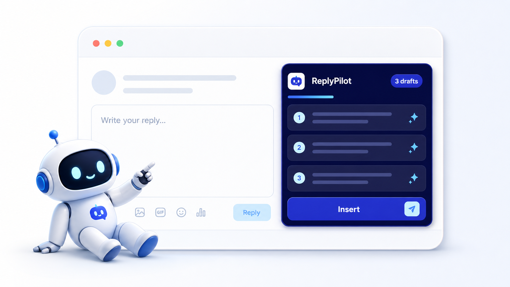 TypeToSell AI assistant drafting X reply options inside a social reply composer